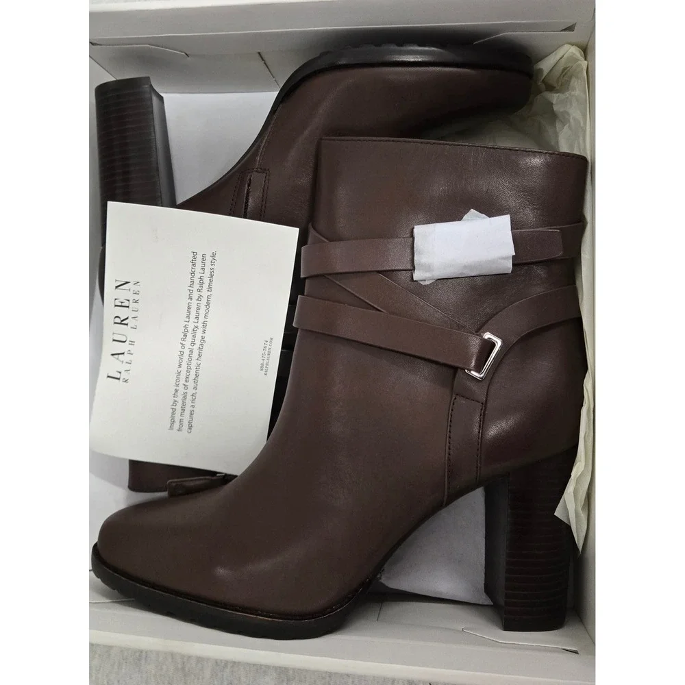 Lauren Ralph Lauren Collins Leather Ankle Boots Dark Brown Block Heel US 10 B